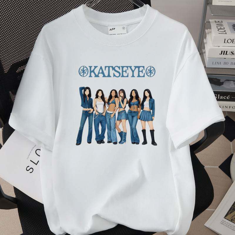 Best-selling Korean Girl Group Katseye Printed T-shirt Short-sleeved Fashionable Casual Adult and Children's Top