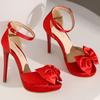 Модные летние туфли для женщин Босоножки на высоком каблуке на платформе с ремешками на щиколотке из шелка с бантом Красные туфли для вечеринки и свадьбы Женские милые туфли с бантом