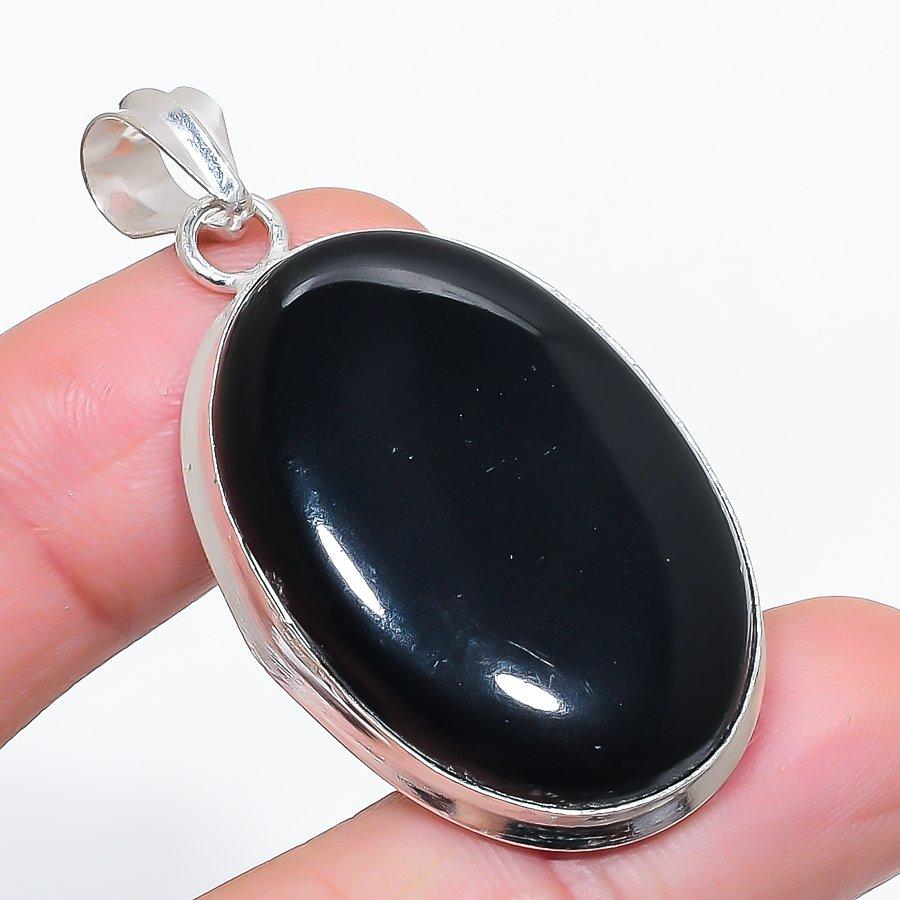Natural Black Onyx Gemstone 925 Sterling Silver Jewelry Pendant 2.09" O8R21