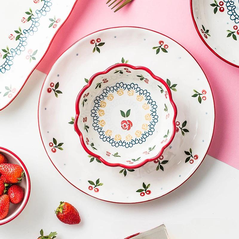 Japanese Style Breakfast Ceramic Bowl Cute Cherry Fruit Salad Bowl Home Dining Dessert Bowl
