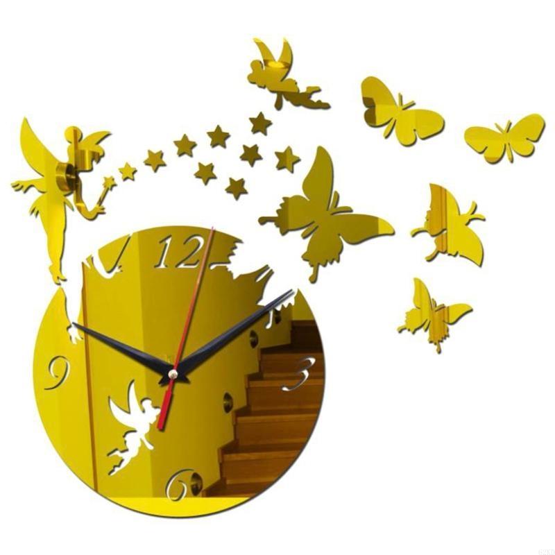 62KD DIY Mirror Acrylic Wall Clock Sticker Fairy Stars for Butterfly Living Room D