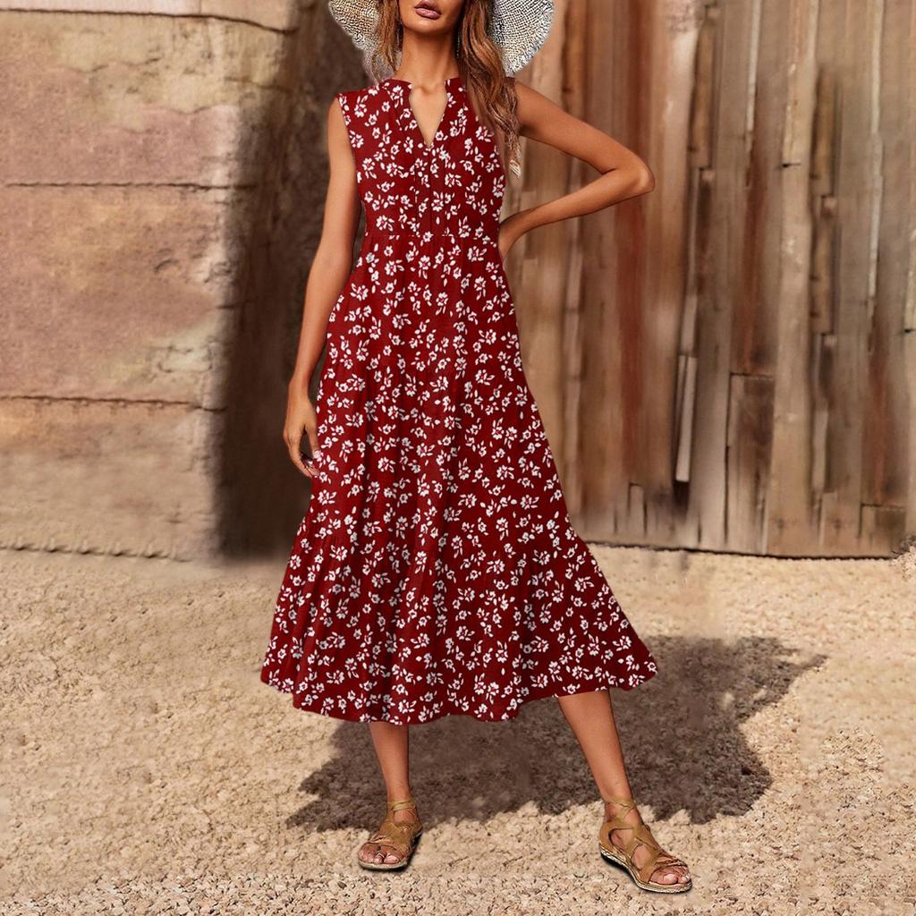 Women's Casual And Fashionable V-neck  Sleeveless Printing Mid Length Dress