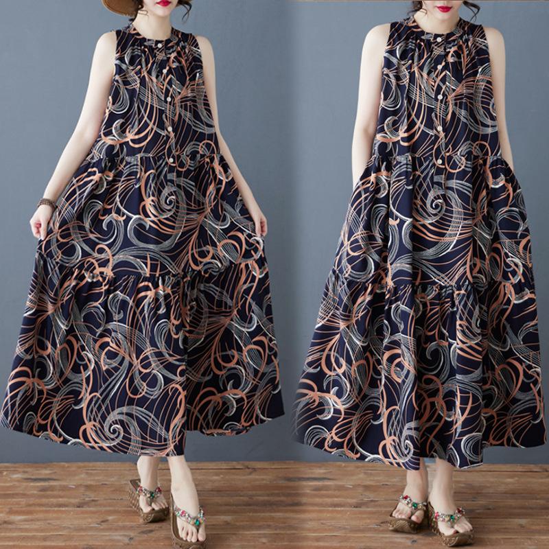 Летнее художественное свободное шифоновое платье с воротником-стойкой без рукавов средней длины для женщин, винтажные длинные платья с жилетом