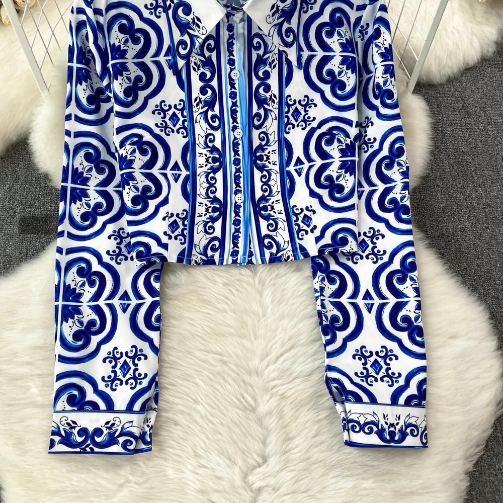 Осенняя мода на подиуме, красный, зеленый, синий и белый фарфоровый цветочный принт, женская рубашка, топ + мини-юбка трапециевидной формы, комплекты из двух предметов