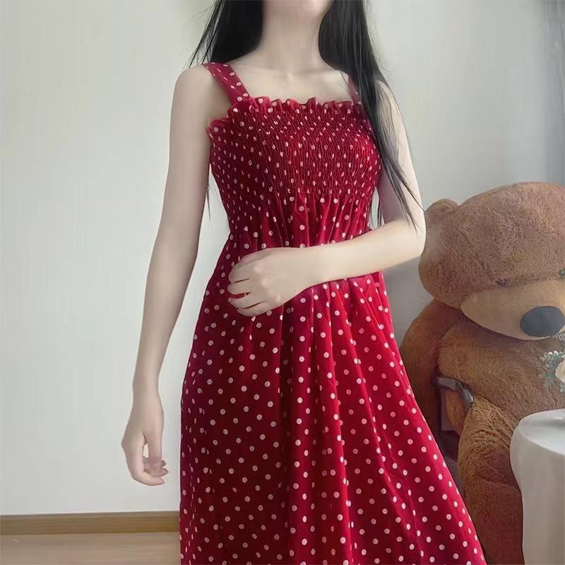 Fashion Women Loose None Sleeve Polka Dot Shoulder Plus Size Casual Dress