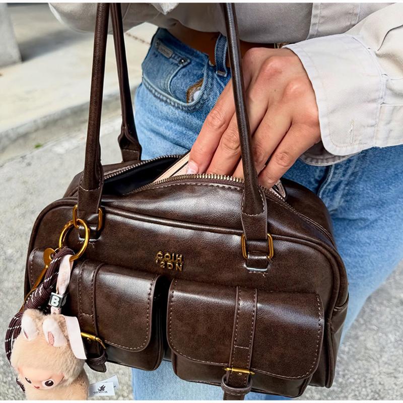 Women's Vintage Bowling Bag Multi-pocket Large Capacity Shoulder Bag Fashion New Underarm Bag Casual And Versatile Handbag