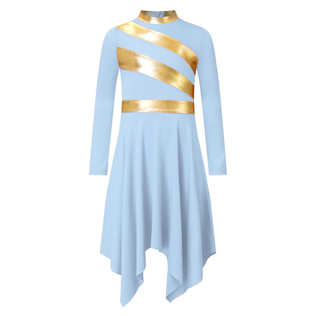 Платье для церковного выступления для девочек, металлическая лоскутная работа, воротник-стойка, длинный рукав, асимметричный подол, контрастный цвет, одежда для богослужения