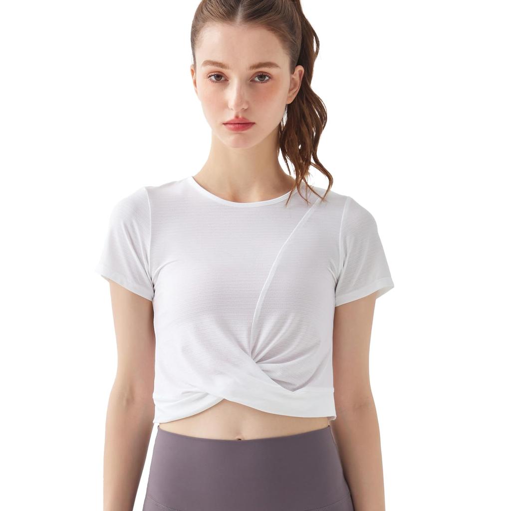 MORGEN SKY Short Sleeve Yoga Top with Cross Short Cross Sportswear for and YD240 Women's Front, Length, Design, Midriff-Baring, Stretch, Breathable,