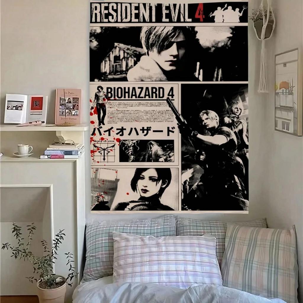 1 шт. Комикс Resident Evil 4 Гобелен, Черно-белый Коллаж Принт, Крутые Вещи для Комнаты, Большой Размер, Полиэстер 2D Настенное Искусство, Спальня Stu