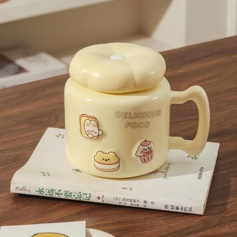 Мультяшная керамическая кружка большой емкости для завтрака, кофейная чашка с крышкой, офисная чашка для пары чашек, для домашнего офиса, общежития, кружки для воды, подарок