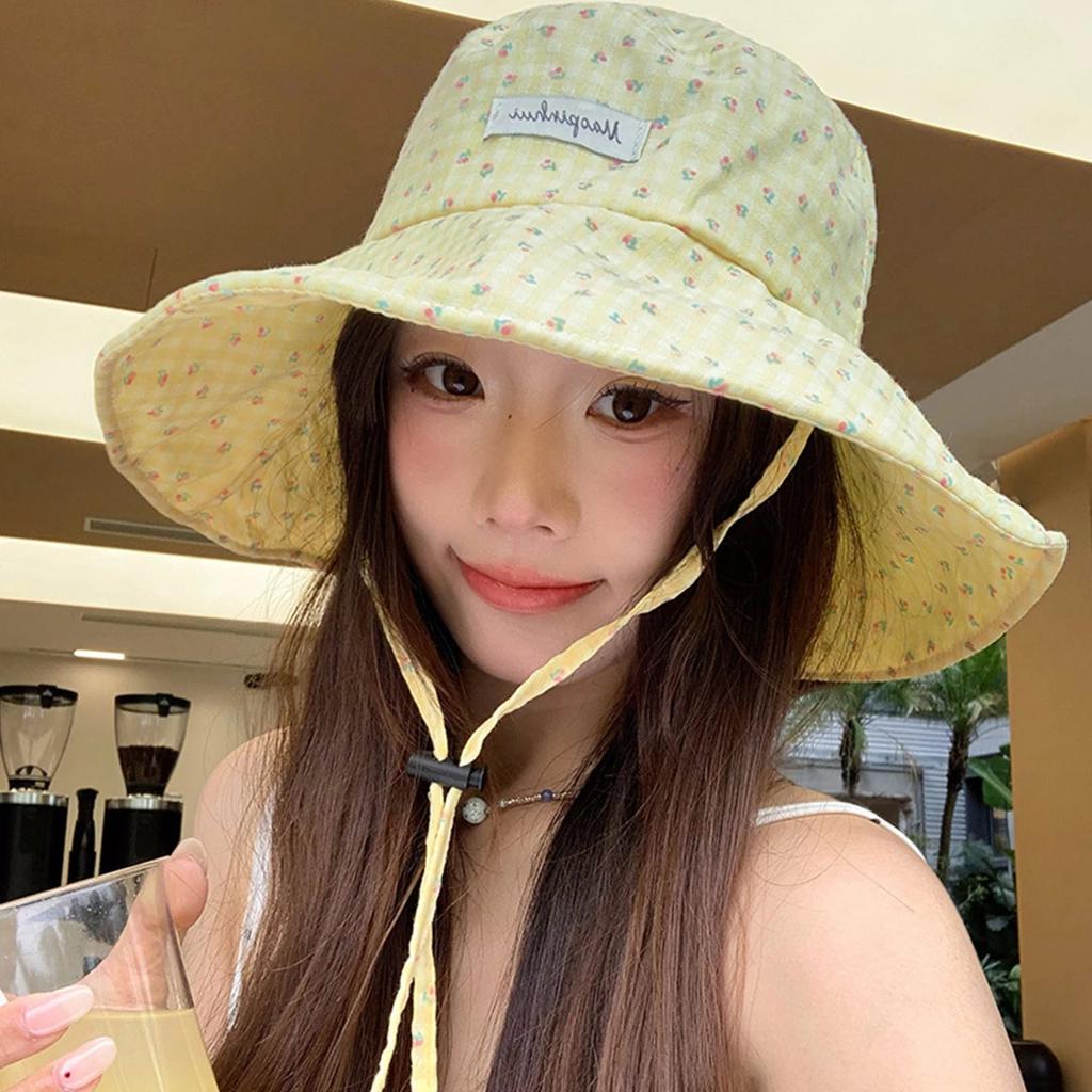 Women Sweet Floral Print Fisherman Hat Spring Summer Large Brim Lace-up Sunshade Bucket Hat for Women Girls Travel Beach Caps