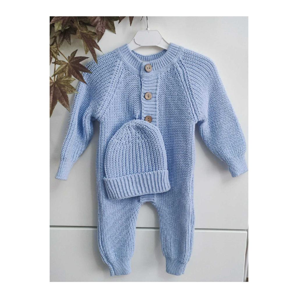 Buttoned Beige Thessaloniki Knitted Knitted Baby Jumpsuit With Hat