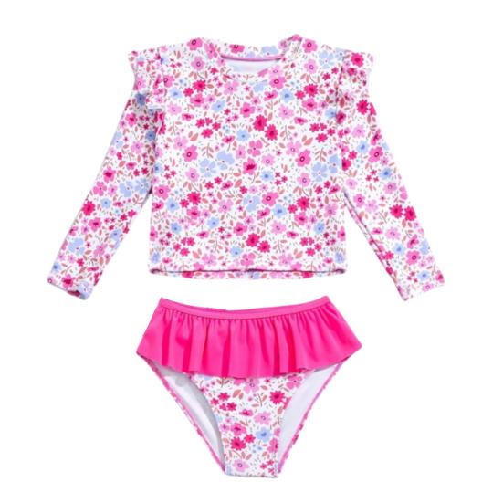 Girls Sun Protection Swimsuit Set Two Piece Rash Guard Long Sleeve Bathing Suit Tankini with Bikini Bottoms Floral Print Kids Beachwear