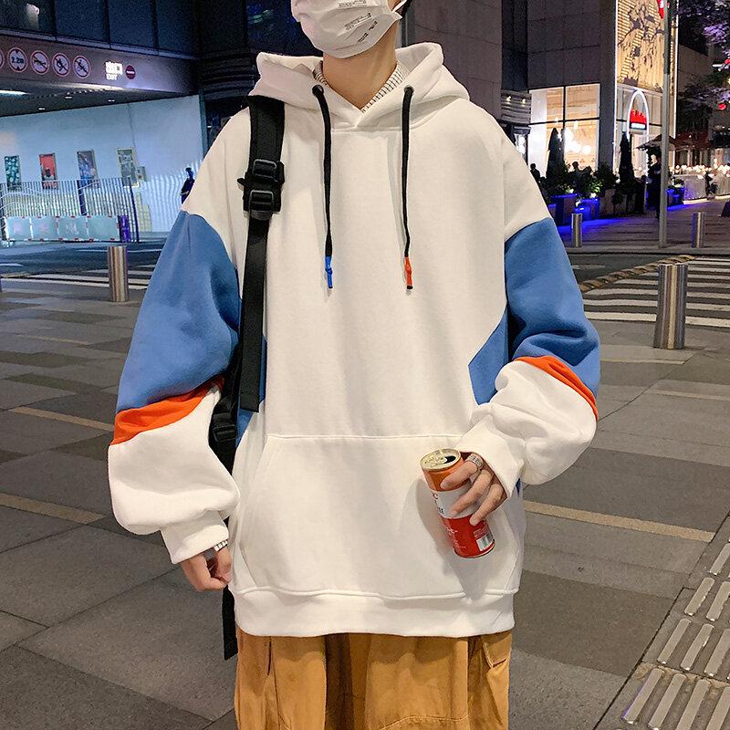 Hong Kong Style Color-Block Loose Hoodie for Men, Trendy Spring/Autumn Casual Pullover, Couple's Wear, Hooded Jacket