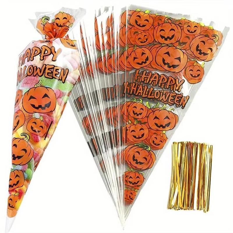 100pcs Halloween Cone Bags Ice Cream Dots Triangle-shape Pumpkin Style Candy Bags Gift Favors OPP Bag Package Food Pocket TMZ