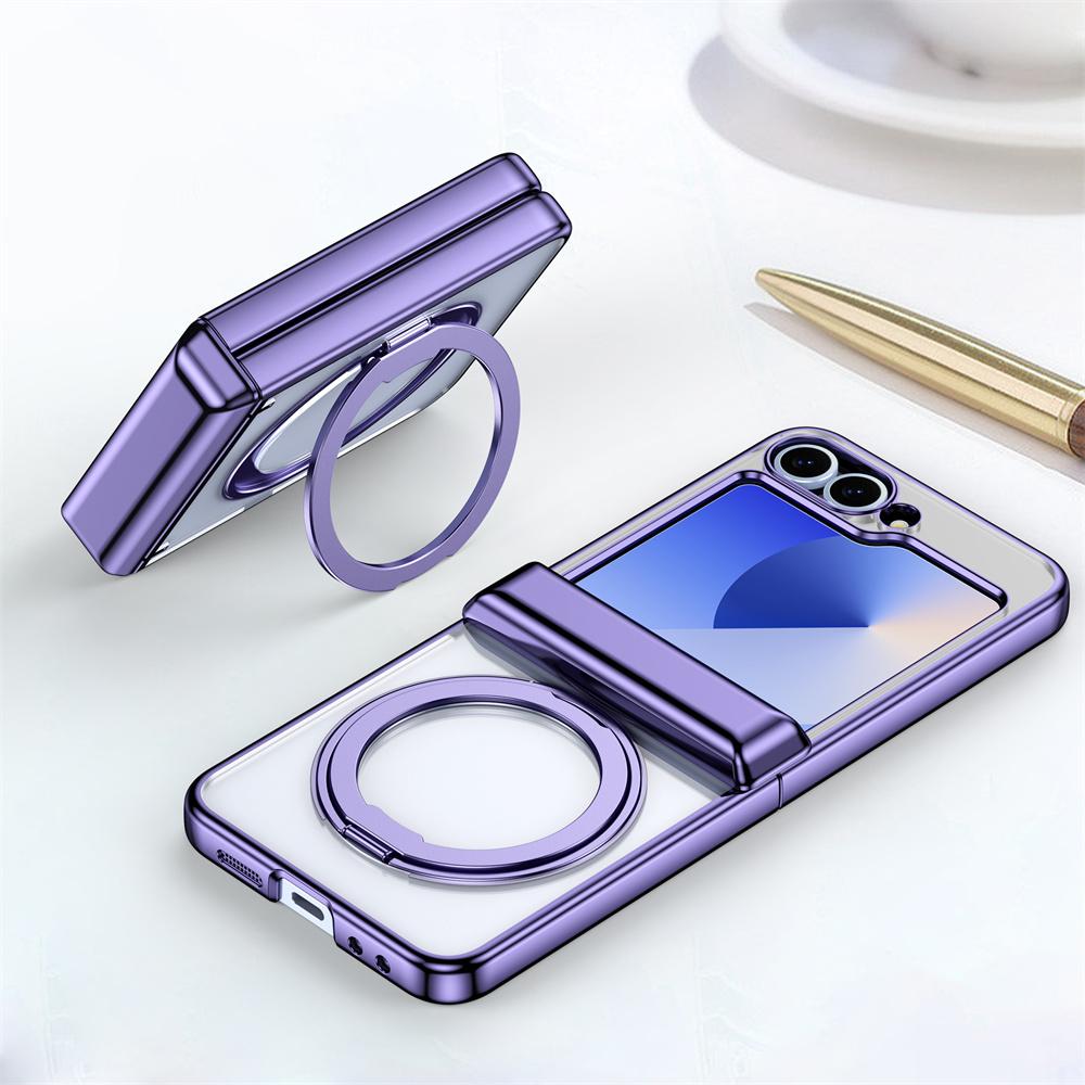 Luxury Metal Folding Rotation Stand Clear Phone Case For Samsung Z flip 6 ZFlip 5 flip6 Plated Frame Flip Hinge Protective Cover