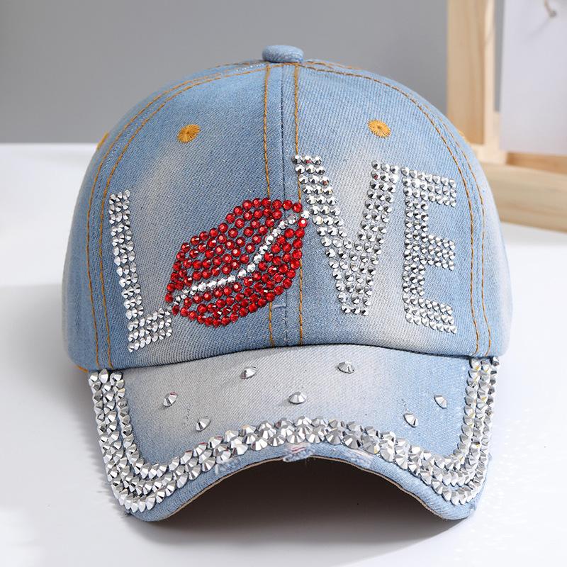 New Hip Hop Denim Cap Rhinestone Creative Lip Print Baseball Cap LOVE Alphabet Sun Hat Men's and Women's Cowboy Hats