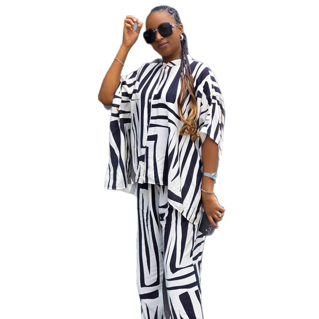 European and American large-size casual women's clothing set, striped printed shirt, wide-leg trousers, women's African new loose two-piece set