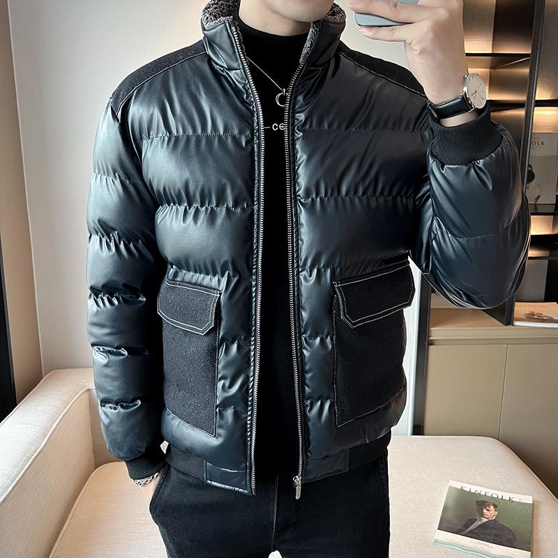 Мужское пальто с хлопковой подкладкой, зимнее, новое, корейский стиль, модная, молодежная, повседневная, утолщенная, большого размера, с воротником-стойкой, кожаная куртка с хлопковой подкладкой