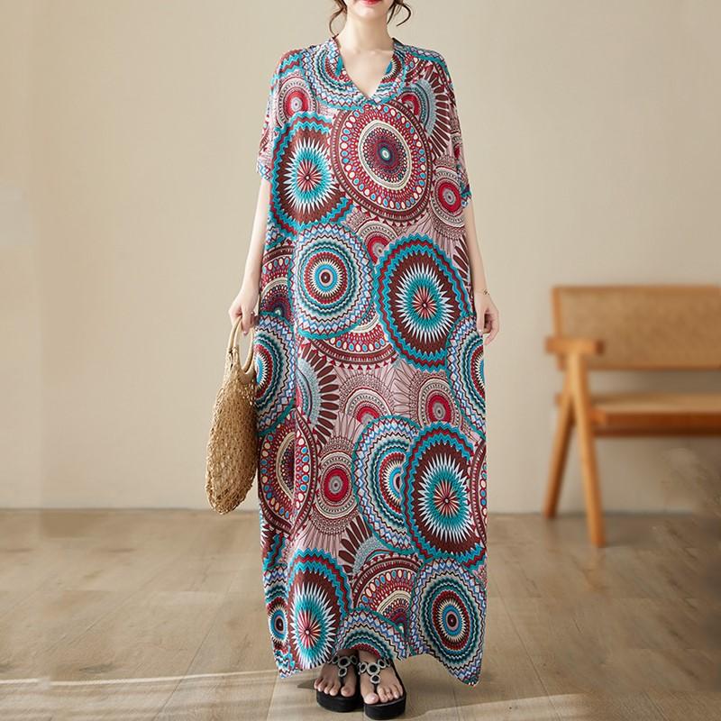 Short Sleeve Plus Size Cotton Satin Vintage Floral New In Dresses for Women Casual Loose Maxi Long Summer Dress