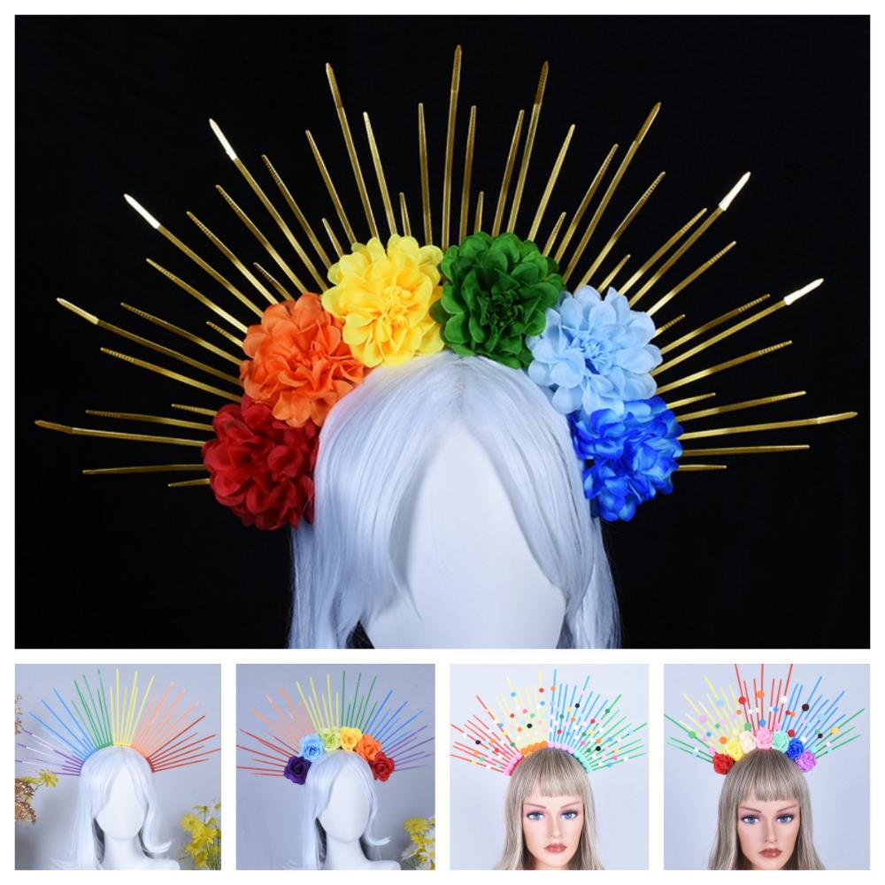 Преувеличенная радужная повязка на голову, повязка на голову богини солнца, модный красочный цветочный обруч для волос, парад