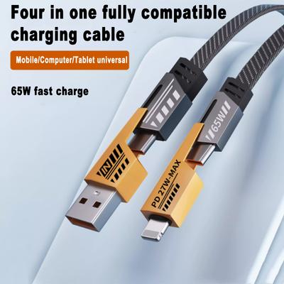 Кабель USB C 4-в-1 65 Вт, 1 метр, быстрая зарядка, плоский нейлоновый плетеный шнур для iPhone, iPad, зарядное устройство, 480 Мбит/с, синхронизация данных, многозарядка