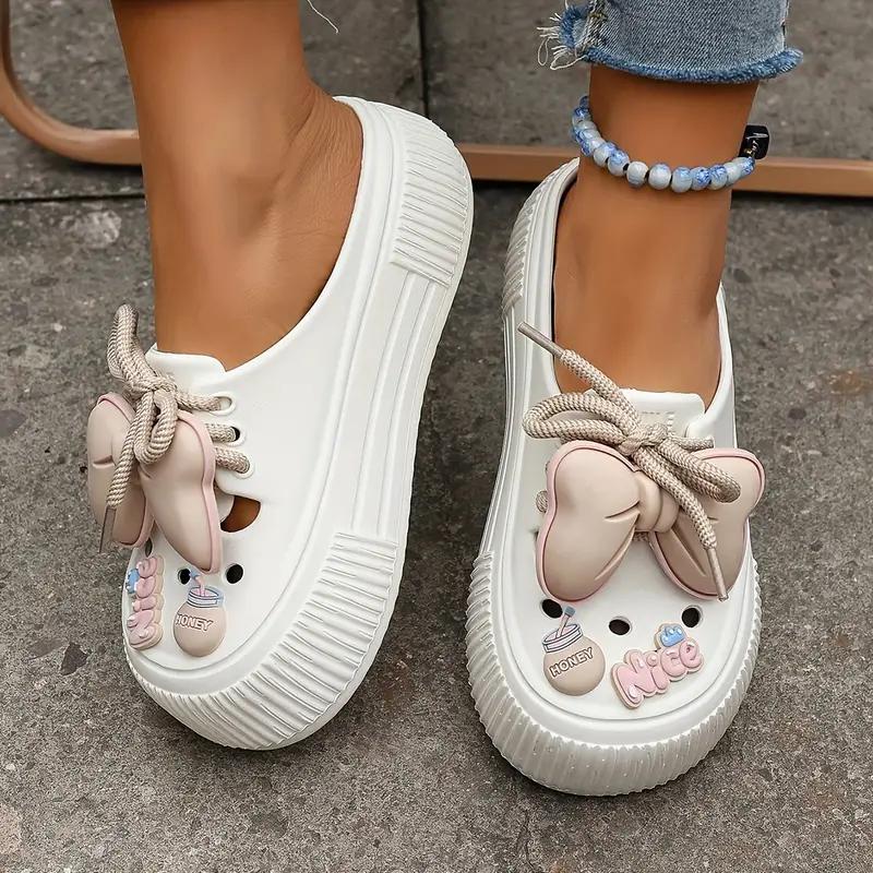 Cute Bow Hollow Slippers for Women, Summer Thick-Soled Platform Slippers, Indoor Outdoor Round Toe Slippers
