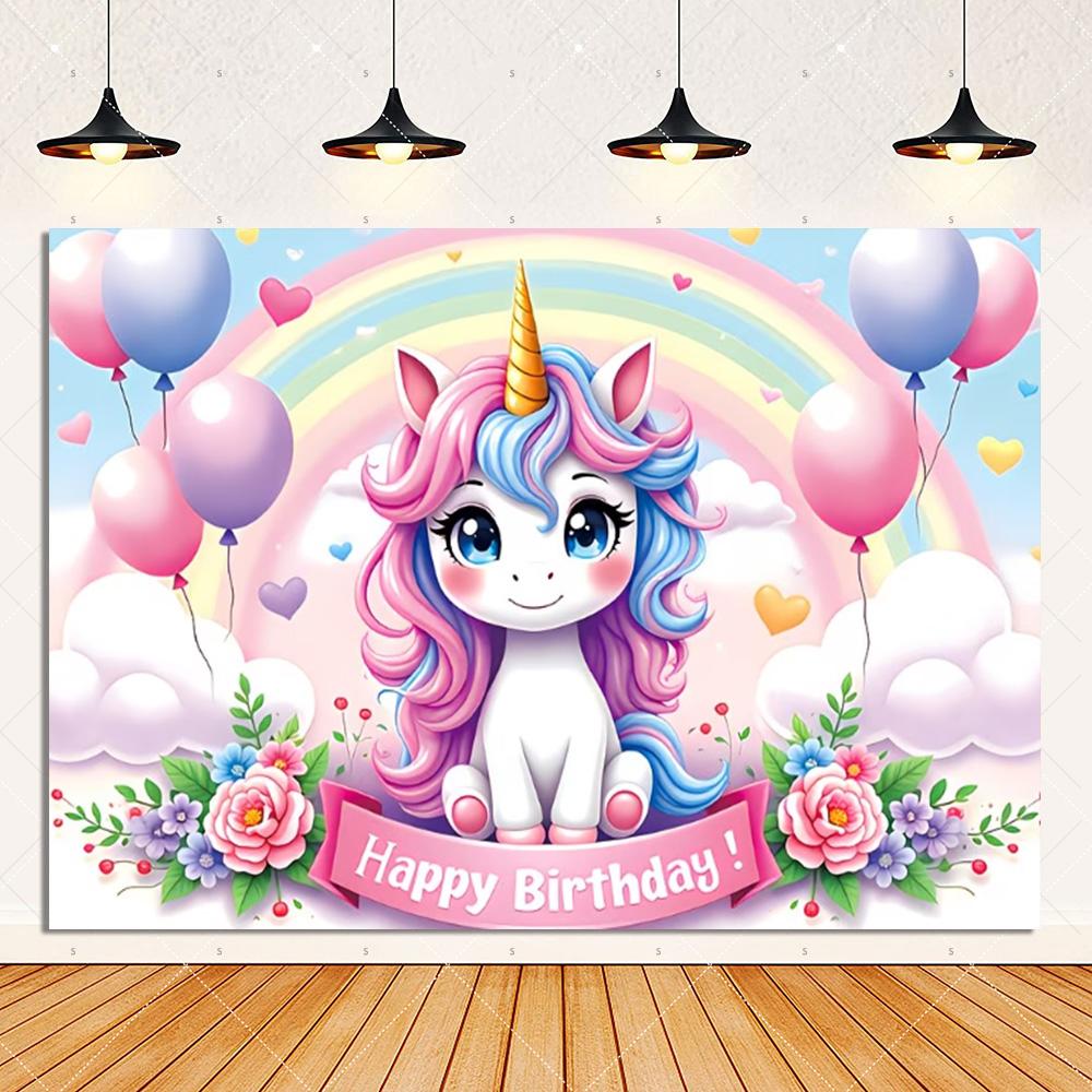 Unicorn birthday party decorations, rainbow castle backdrop, balloons, cake, photo booth props, gift for children2574