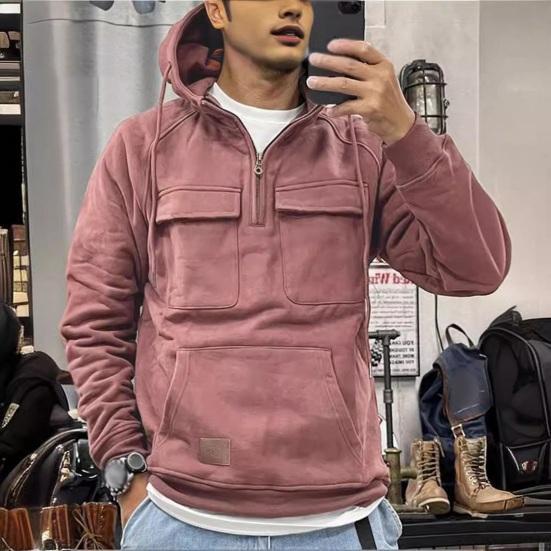 Men's Large Patch Pocket Drawstring Long Sleeve Half-Zip Hoodie