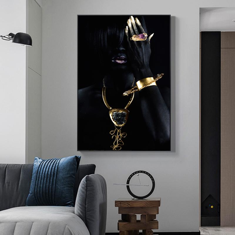 Gold Necklace African Woman Canvas Painting Figure Art Posters and Prints Black Women Wall Art Pictures for Living Room Decor