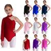 Girls One Shoulder Dance Leotard Stage Performance Costume Mock Neck Long Sleeve Ruched Mesh Overlay Bodysuit for Kids Gymnastics