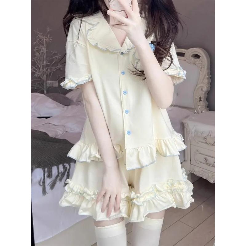 Sweet Sleepwear Women Pajama Sets Lingerie Short Sleeve Cardigan Shorts Princess Japanese Loungewear Ruffles Pajamas