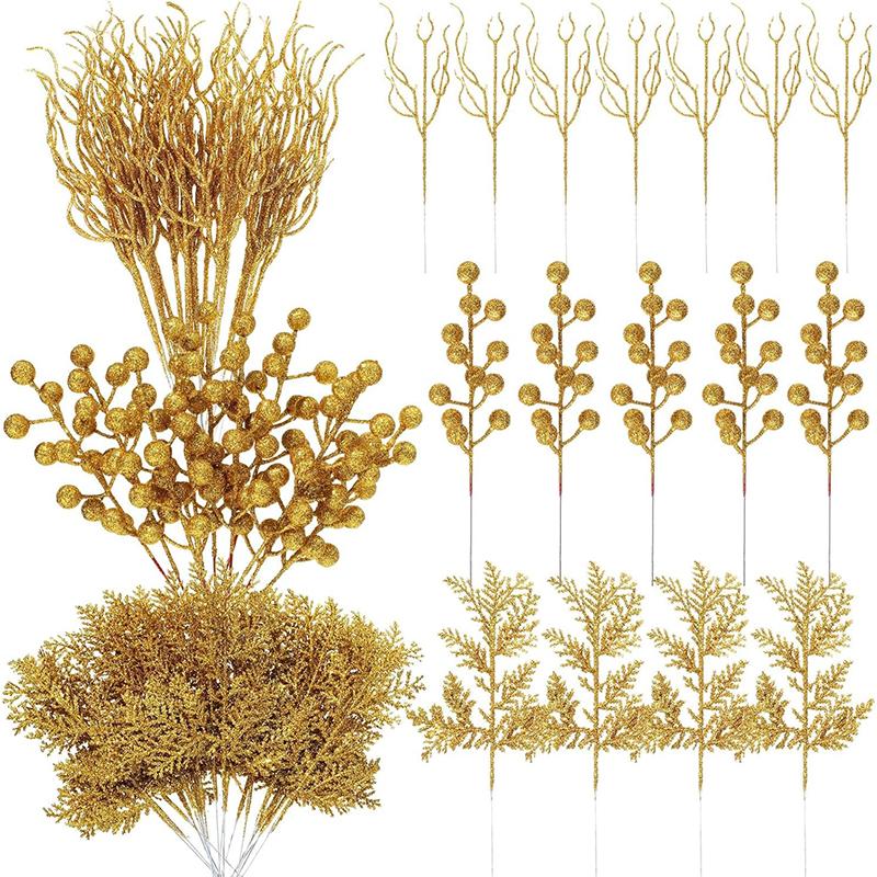 10Pc Glitter Branches Artificial Foam Berry Stalk Pine Needle Branch for Christmas Tree Ornament Home Decor DIY Wreath Supplies