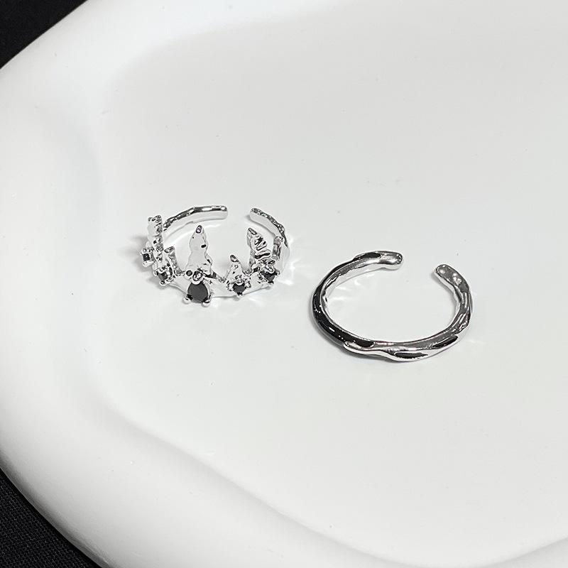 Dark Zircon Crown Open Ring Set, Niche Design, High-End Index Finger Ring, Personalized Ring.