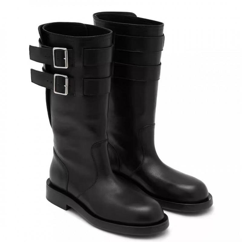 Коровья кожа~ Черная Пряжка Ремня Низкий Каблук Полусапоги Ботинки Локомотива Натуральная Кожа Осень и Зима Новые Круглый Носок Высокие Рыцарские Сапоги Женские