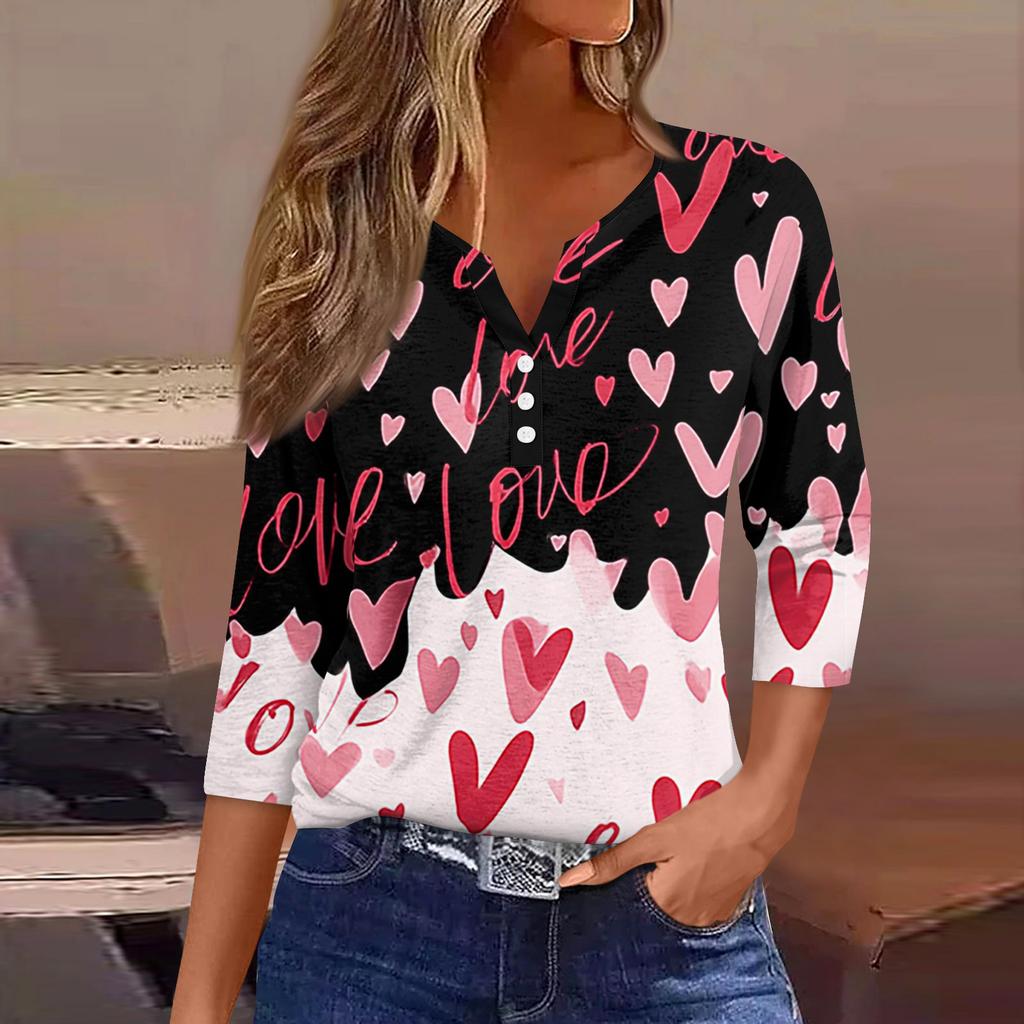 Жен. Футболка Футболка С принтом Пуговицы Рукав 3/4Ежедневно Выходные Мода Классический Топ с v-образным вырезом Обычный
