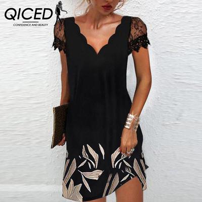 Женское платье с короткими рукавами, кружевным лоскутным узором и V-образным вырезом с принтом «волна»