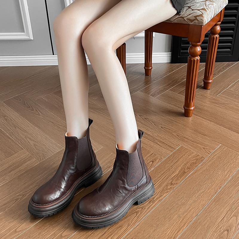 Женские ботильоны челси из кожи, прилегающие к ноге, на толстой подошве, в ретро британском стиле, осенне-зимний стиль, эластичные ботинки на одну ногу