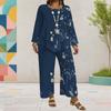 Women Plus Size Two Piece Pants Set Round Neck Long Sleeve Printed Dark Blue Layered Top Wide Leg Pants