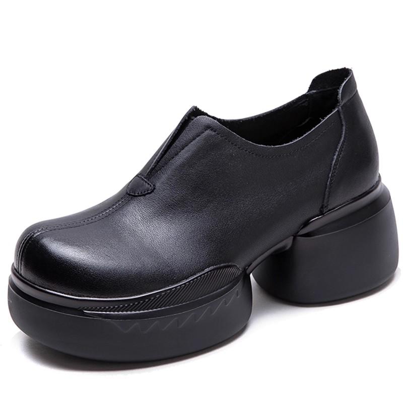 Fashion GKTINOO 2025 Spring Autumn Thick Sole Genuine Leather Shoes Comfortable Wedges Handmade Retro Women Shoes Slip On Pumps