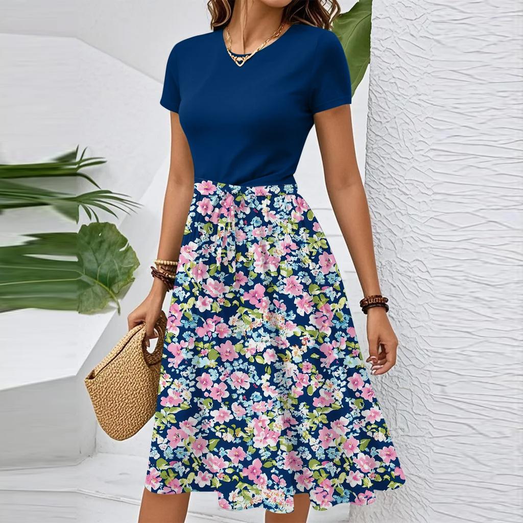 Women's Casual Fashion Belted Floral Print Short Sleeve Round Neck Elegant Dress