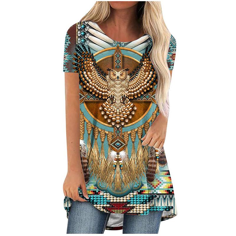 Летняя футболка с принтом Western Aztec Ethnic 3D Streetwear для женщин с коротким рукавом, туники, топы, футболки для женщин, новая свободная одежда