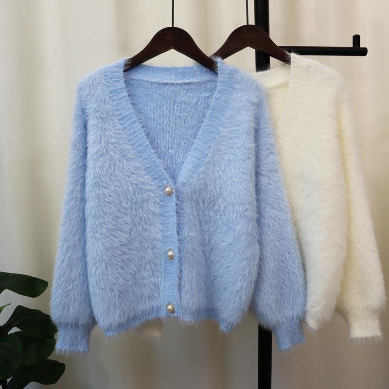 Однотонный вязаный кардиган из искусственного норкового бархата, новый осенне-зимний, свободный, мягкий, восковой, высококлассный, куртка-свитер для женщин