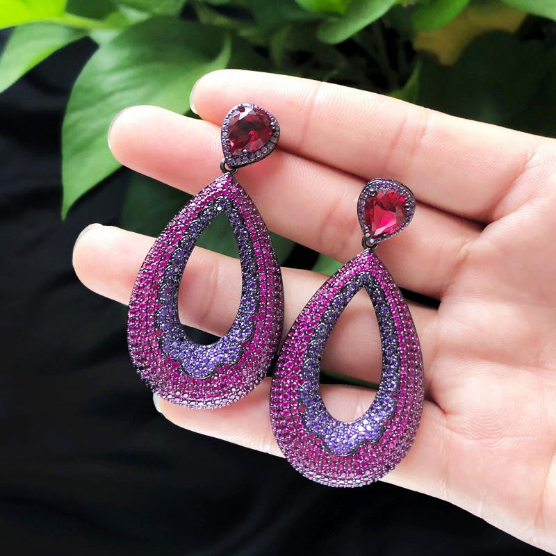 WWJ Top Quality Party Jewelry Full Pave Tiny Rose Red Purple Cubic Zirconia Big Tear Drop Earrings
