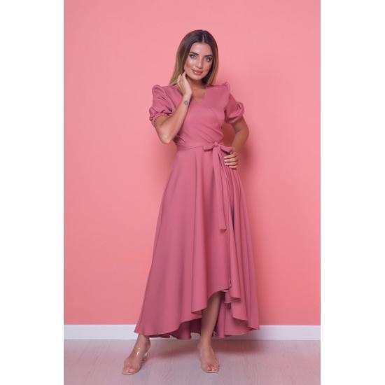 Женское расклешенное платье асимметричного кроя с поясом и двубортным воротником длины миди