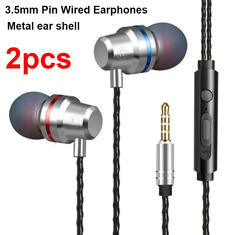 2pcs Wired Earphones, 3.5mm-Pin Wired headphone With Mic, HiFi Stereo Game Headset ,Noise Cancelling Metal Earbuds, For