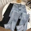 Ko'cha uslubidagi elastik denim klyosh shimlar ayollar uchun yuqori bel bilan, vintage yirtiq jinsi shimlar, ayollar uchun shikk kulrang qo'ng'iroq shaklidagi jinsi shimlar