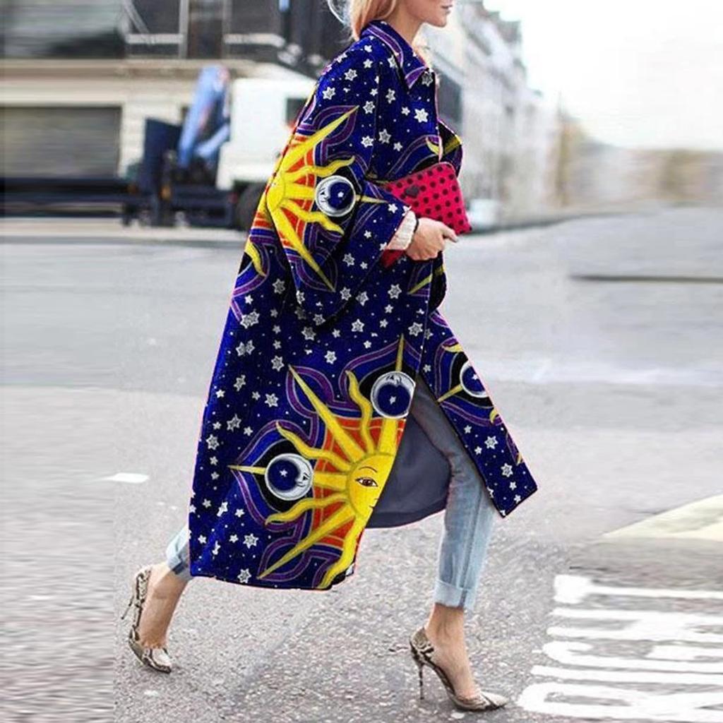 Модная женская карманная куртка с принтом, верхняя одежда, кардиган, пальто, длинный плащ