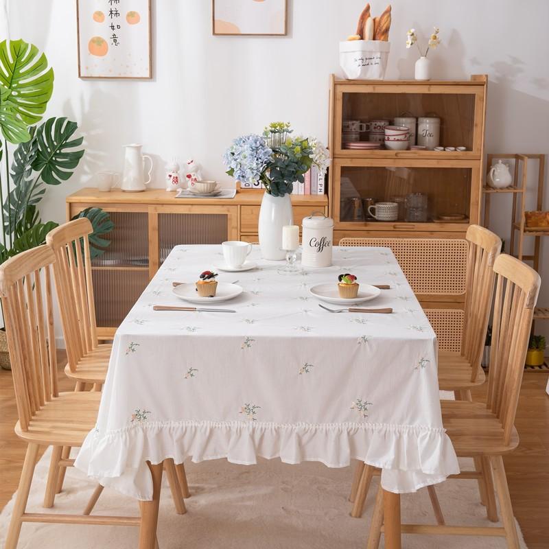 Light Luxury Cotton Apricot Embroidered Plant Flower And Grass Skirt Pleated Lotus Leaf Edge Round Coffee Table Tablecloth Dining Table Cloth