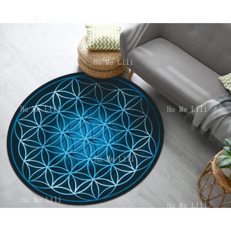 Vibrant Sacred Geometry Printed Round Flower Of Life Circle Carpet Machine Washable Rug